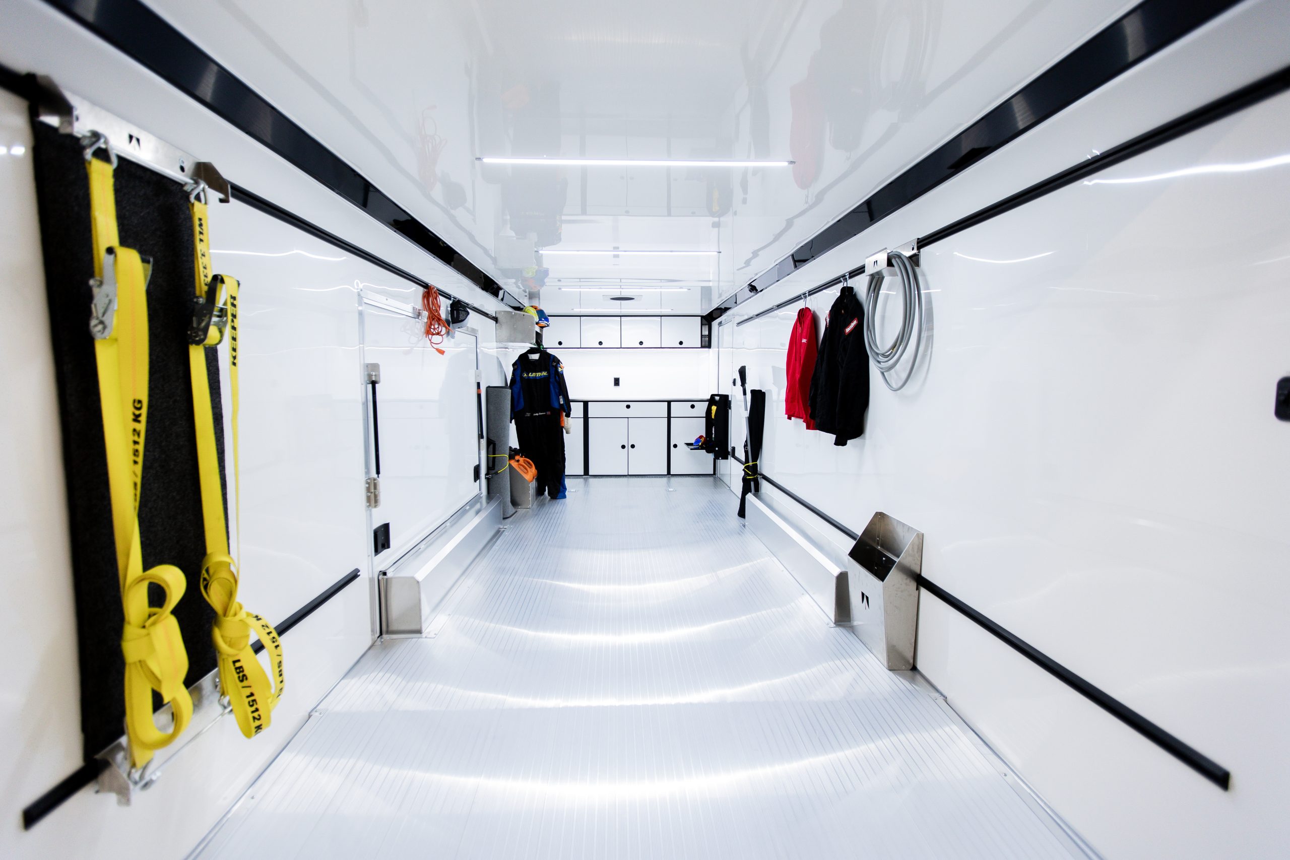 The interior of a custom enclosed car hauler